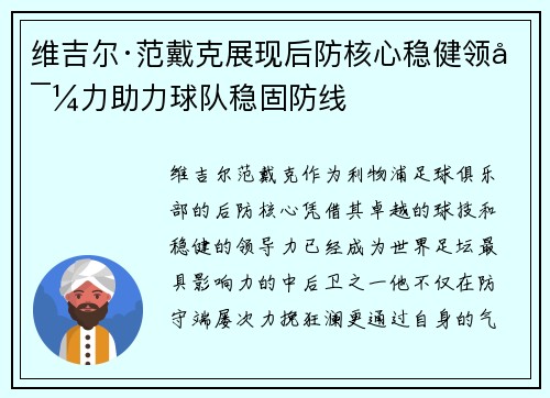 维吉尔·范戴克展现后防核心稳健领导力助力球队稳固防线